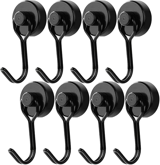 Donanim 8 Pack Magnetic Hooks, 30LBS Neodymium Strong Black Magnets Hook Heavy Duty for Indoor Outdoor Hanging, Refrigerator, Grill, Kitchen Kitchen Tools Hanging