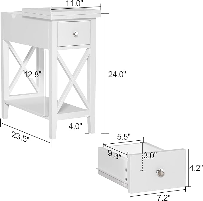 ChooChoo End Table Set of 2, Flip Top Narrow End Table with Drawer, Accent Small Side Table Nightstand for Living Room, Bedroom, and Small Spaces, White