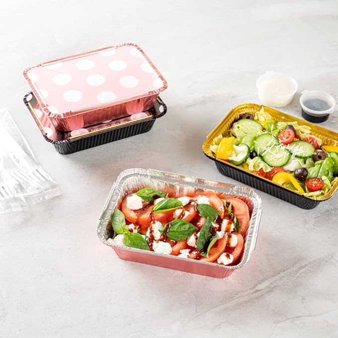 Restaurantware-16 Ounce Disposable Takeout Containers, 50 Rectangle Food Containers - With Polka Dot Lids, Pink Takeaway Containers, Aluminum Delivery Containers, Freezable