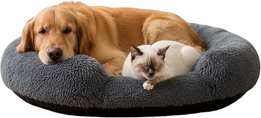 Fluffy Dog Bed Calming Donut Beds for Large Dogs Warming Round Small Medium Pet Nest Cozy Cat Mattress Indoor Washable Puppy Kennel Kittens Sleep Mat (XL, 43.3×43.3 inch, Dark Gray)