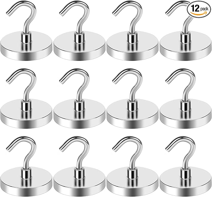 LOVIMAG Magnetic Hooks for Cruise Cabins, 120lbs Magnetic Hooks for Classroom, Strong Magnets with Hooks for Hanging, Neodymium Magnet Hooks for Fridge, Ceiling, Locker, Camper, Travel-12 Pcs