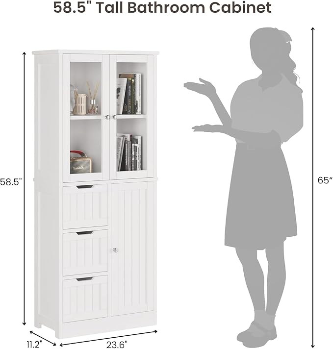 Karl home Bathroom Storage Cabinet, 58" Tall Storage Cabinet with 3 Drawers & Doors, Freestanding Kitchen Pantry for Dining Room, 2 Glass Doors, Adjustable Shelves, Living Room, White