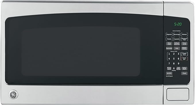 GE Countertop Microwave Oven, 1,200-watt Capacity, 2.0 Cubic Ft., 8 Auto Setting Cooking Settings, Child-Lock Technology, Kitchen Essentials for the Countertop, Dorm Room or Apartment, Stainless Steel