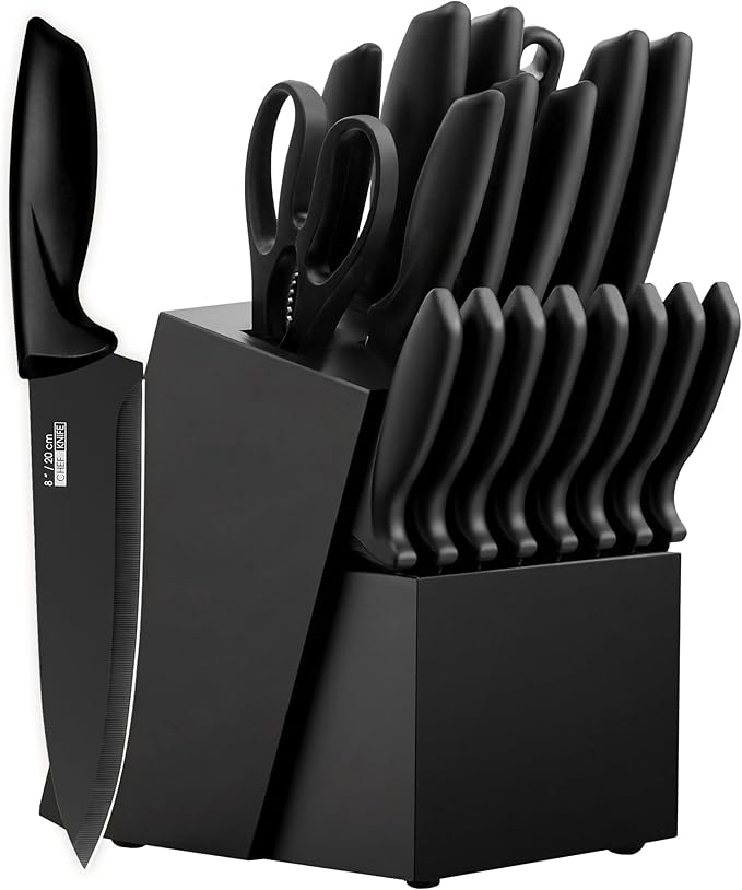 Knife Set, KroWallu 20 Pieces Knife Sets for Kitchen with Block, Dishwasher Safe Kitchen Knife Set with Built-in Sharpener, Japanese Stainless Steel Black Knife Block Set