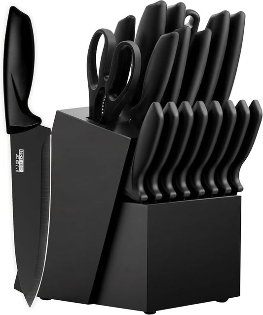 Knife Set, KroWallu 20 Pieces Knife Sets for Kitchen with Block, Dishwasher Safe Kitchen Knife Set with Built-in Sharpener, Japanese Stainless Steel Black Knife Block Set