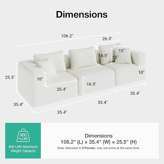 Novilla 106" Modular Sectional Sofa, Modern Cloud Sectional Couch with Smarts Coil® Support, Upholstered Boneless Couch for Living Room Apartments Bedroom, No Assembly Required, Beige (3 Seat)