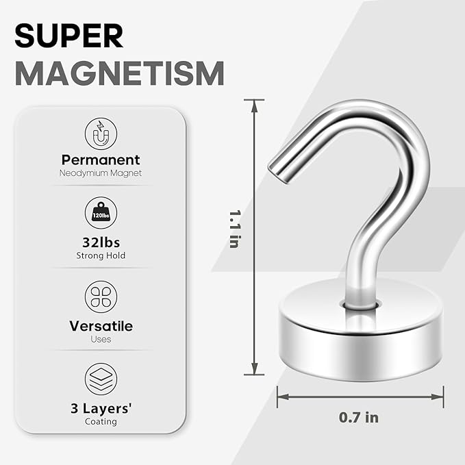 Neosmuk Magnetic Hooks, Cruise Ship Essentials, 30lb+ Heavy Duty Magnetic Hooks for Cruise Cabins, Refrigerator, Grill, Hanging, and Travel | Extra Strong Must-Haves Magnet Hook,Silver