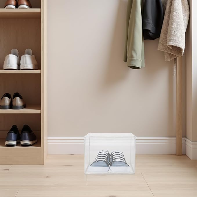 Large Acrylic Shoe Storage Box Organizer 45x33x33cm Stackable Plastic Sneaker Display Container with Side Opening for Closet Entryway under Bed