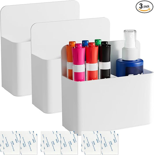 3 Pack Magnetic Pen Holder, Wall Mount Magnetic Dry Erase Marker Holder with Large Compartments, Self Adhesive Marker Pen Pencil Organizer for Whiteboard Fridge Locker Accessories (White)