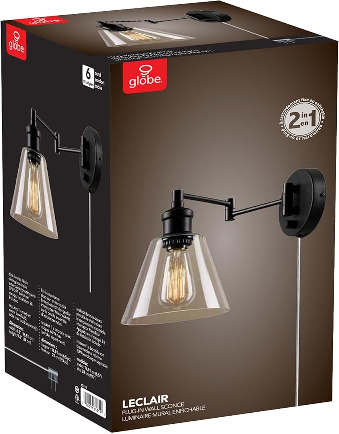 Globe Electric 65311 1-Light Plug-in or Hardwire Industrial Wall Sconce, Dark Bronze Finish, On/Off Rotary Switch, 6ft Clear Cord, Clear Glass Shade, Wall Lights for Living Room, Apartment Essentials