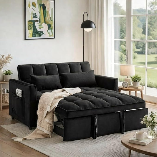 3 in 1 Convertible Sofa Bed, Love Seat Sleeper Bed with Side Pockets, Velvet Fabric Pull Out Couch with Adjustable Backrest for Living Room, Bedroom, Apartment, Black
