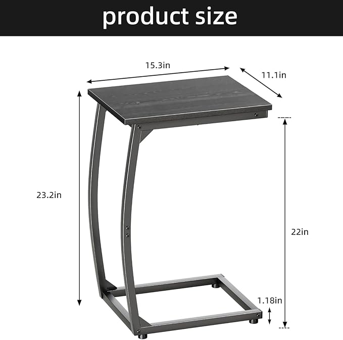 C-Shaped End-Table - Side Table for Couch,Curved Support Legs, Slide Under Couch Table for Sofa, TV Tray Table for Living Room Bedroom(Black)