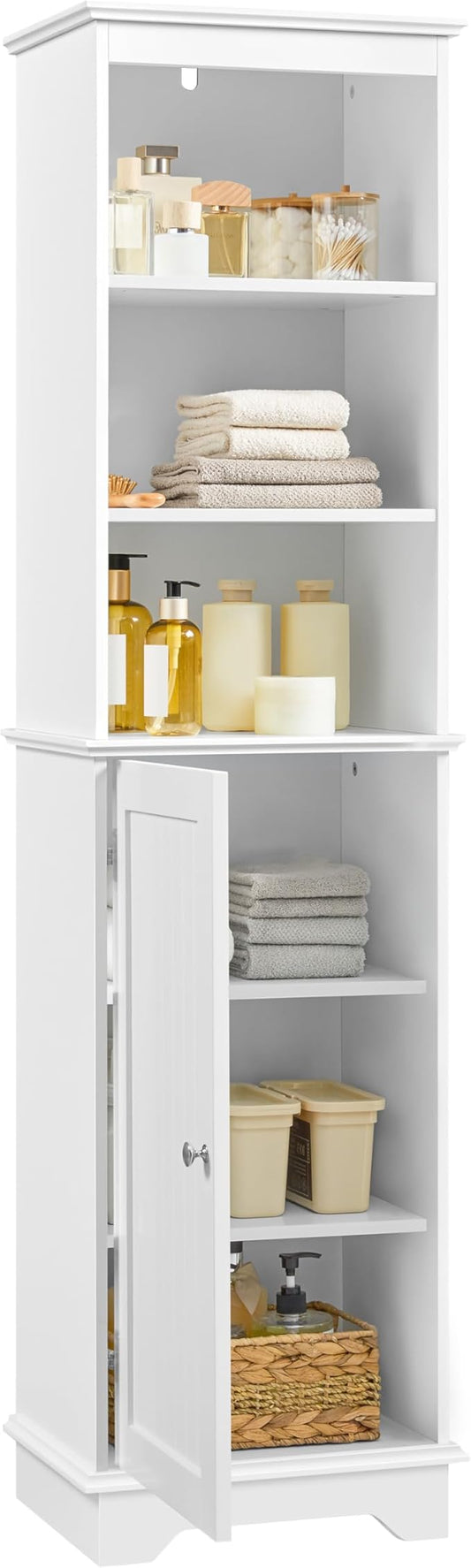 Yaheetech Tall Slim Storage Cabinet with 3 Shelves & Door, Freestanding Linen Cabinet for Bathroom, Living Room, Entryway, 16 x 12 x 60.5 Inches, White