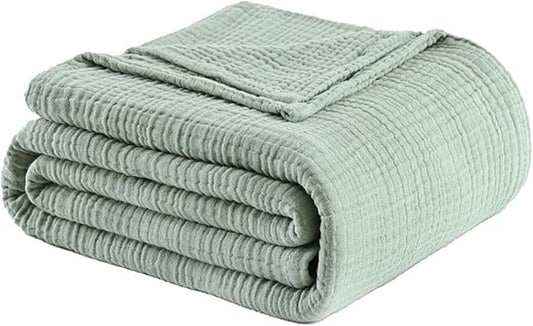 100% Cotton Muslin Blanket Throw 108'x90', Lightweight Breathable Summer Throw Blanket for Sofa, Couch, Bed, All-Season Use, Sage Green