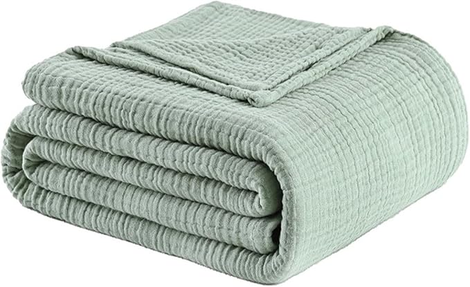 Muslin Blanket 100% Cotton Blanket Throw 50”x65”, Lightweight Breathable Summer Blanket Throw. Supersoft 4-Layer Gauze Throw Blanket for Sofa, Couch, Bed, All-Season Use, Sage Green