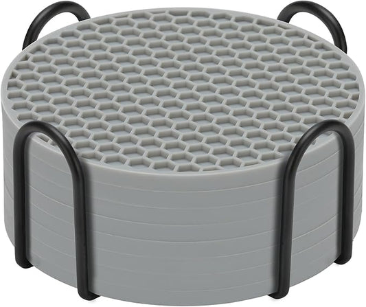 Silicone Coasters Set of 8 with Holder,Coasters for Drinks,Beer,Coffee Coasters,Suitable for Kinds Cups,Hot or Cold,Anti-SLI,Non-Stick,Anti-Overflow Tabletop Protection and Decor (8 Pcs, Gray)