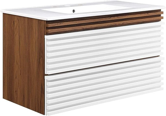 Modway Render 36" Wall-Mount Bathroom Vanity in White Walnut White