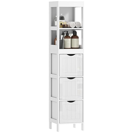 HOMCOM Narrow Bathroom Storage Cabinet, Bathroom Floor Cabinet with 3 Drawers & 2 Open Shelves, Freestanding Slim Storage Organizer for Small Spaces, White