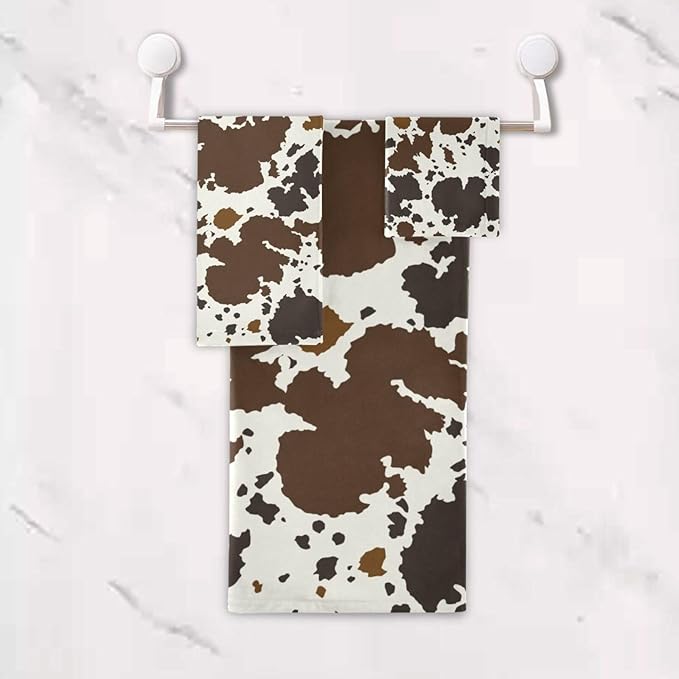 3 Piece Rutic Cowhide Pattern Bath Towel Set,Microfiber Decorative Western Animal Skin Cow Print Farmhouse Bathroom Towels,1 Bath Towel 1 Hand Towel for Bathroom Kitchen,1 Washcloth for Face