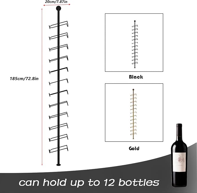 Wine Rack Wall Mounted, 72.8in High Metal Wine Bottle Holder for 12 Bottles, Kitchen Organization and Wine Storage for Commercial Restaurants Pantry Bar Wine Cellar (Black, Four rows-48 Bottles)
