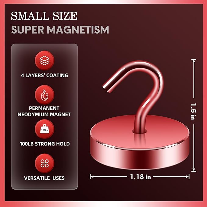 Neosmuk Magnetic Hooks, Cruise Ship Essentials, 10lb+ Heavy Duty Magnetic Hooks for Cruise Cabins, Refrigerator, Grill, Hanging, and Travel | Extra Strong Must-Haves Magnet Hook,Red