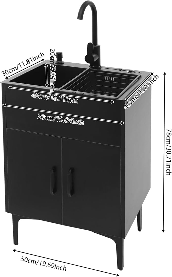 20-Inch Laundry Sink with Cabinet & 360° Swivel Hot/Cold Faucet, Freestanding Kitchen Sink Cabinet with Stainless Steel Sink & Drain Basket, Black Cabinet with Sink for Laundry&Utility Room