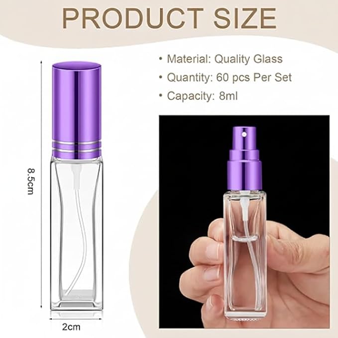 Domensi 60 Pcs 8 ml Empty Glass Perfume Bottles Bulk - Multicolor Refillable Cologne Spray Atomizer with Pump, for Travel, Skincare, Haircare, Cleaning & DIY Essentials