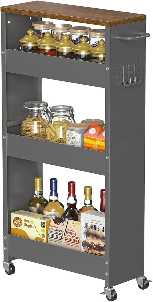 Slim Storage Cart, 4-Tier Kitchen Rolling Cart Narrow Storage Cabinet with Handle & Wheels, Metal Rolling Shelf Unit for Kitchen Bathroom Laundry Small Places (5.9IN/ Gary/Brown)