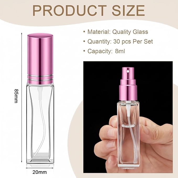 Domensi 30 Pcs 8 ml Empty Glass Perfume Bottles Bulk - Pink,Purple,Rose Gold Refillable Cologne Spray Atomizer with Pump, for Travel, Skincare, Haircare, Cleaning & DIY Essentials