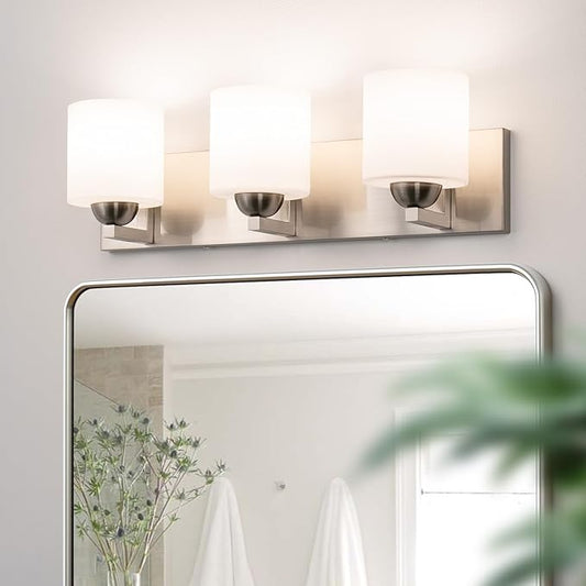 mirrea 22-inch 3-Light Brushed Nickel Vanity Light Fixture for Mirror, Bathroom Wall Sconce with Frosted White Glass Shades