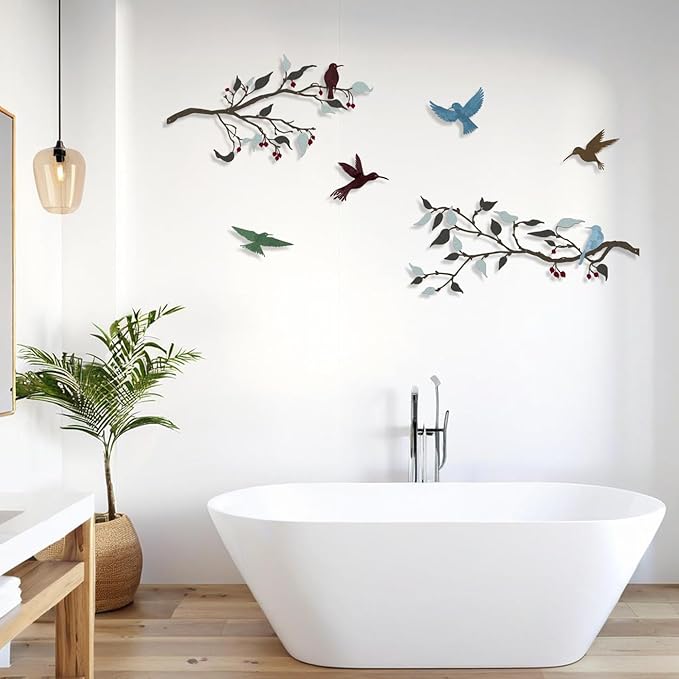 Harikikochuu 4PCS Metal Birds Wall Decor, Birds on the Branch Silhouette Art, Metal Leaves with Bird Outdoor Hanging Wall Sculpture for Home Office Balcony Garden Decor.（Colorful,Hummingbirds）