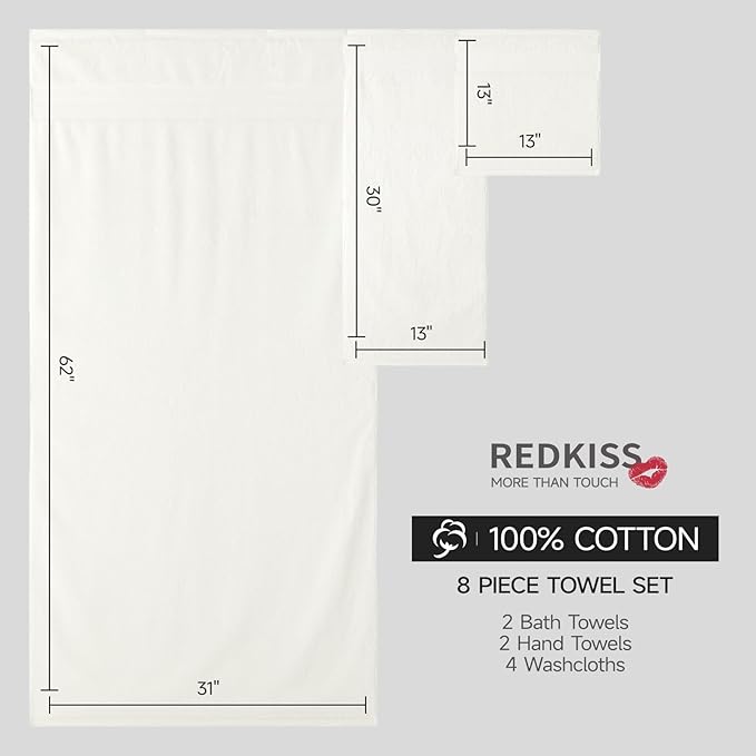 REDKISS 8 Piece Ivory Towels Set - 100% Cotton Towels Set with 2 Large Bath Towels, 2 Hand, 4 Washcloths, 600 GSM Highly Absorbent Bath Towel Sets, Cream Quick Dry Shower Towel for Family Gym