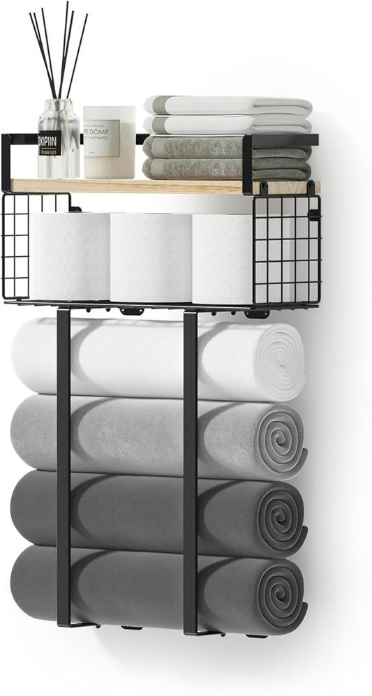 Towel Racks for Bathroom, Metal Towel Holder with Storage Basket,Wall Towel Rack for Rolled Towels, Towel Storage for Small Bathroom.