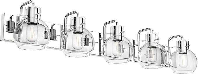 Tipace 5 Lights Stainless Steel Modern Bathroom Vanity Light Fixtures Over Mirror Chrome Industrial Vanity Lights with Globe Clear Glass Farmhouse Bath Lighting(Exclude Bulb)