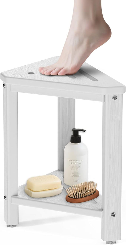 Shower Foot Rest 15in, HDPE Waterproof Shower Stool for Inside Shower, Corner Shower Stool for Shaving Legs with Storage Shelf for Small Space, Shower Step Stool, Plastic Corner Shower Bench, White