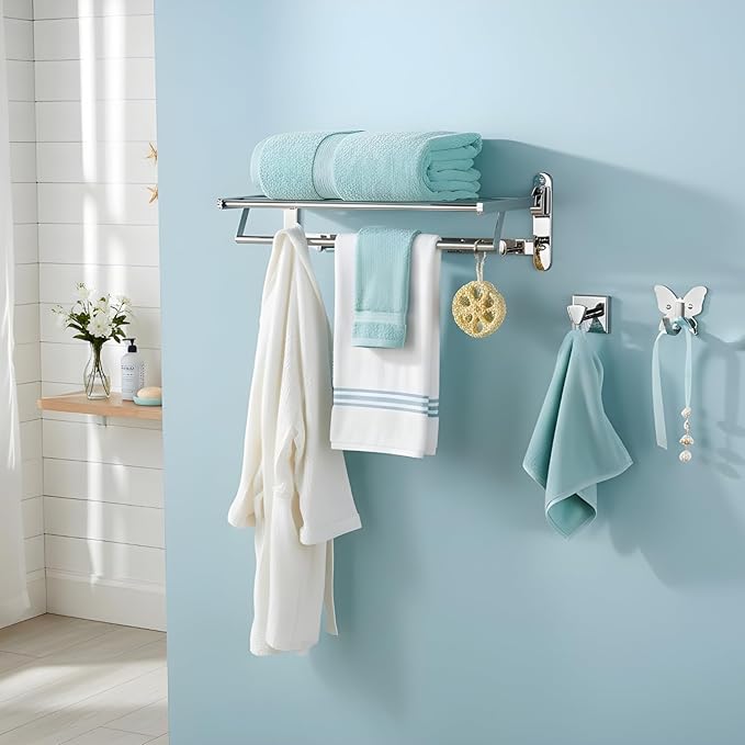 Roshan 6-Pieces Handcrafted and Hand Polished Multi Purpose Towel Rack, SUS304 Stainless Steel Rust Proof and Peel Resistant Towel Shelf, Includes 4 Handmade Hooks (6, Silver)