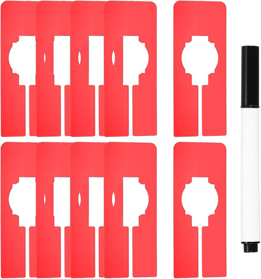 uxcell Clothes Dividers,10 Pack Rectangle Closet Rack Dividers Clothing Rack Size Dividers Blank Labels with Marker Pen Writable & Reusable for Hanging Clothes Sorting Size, Red