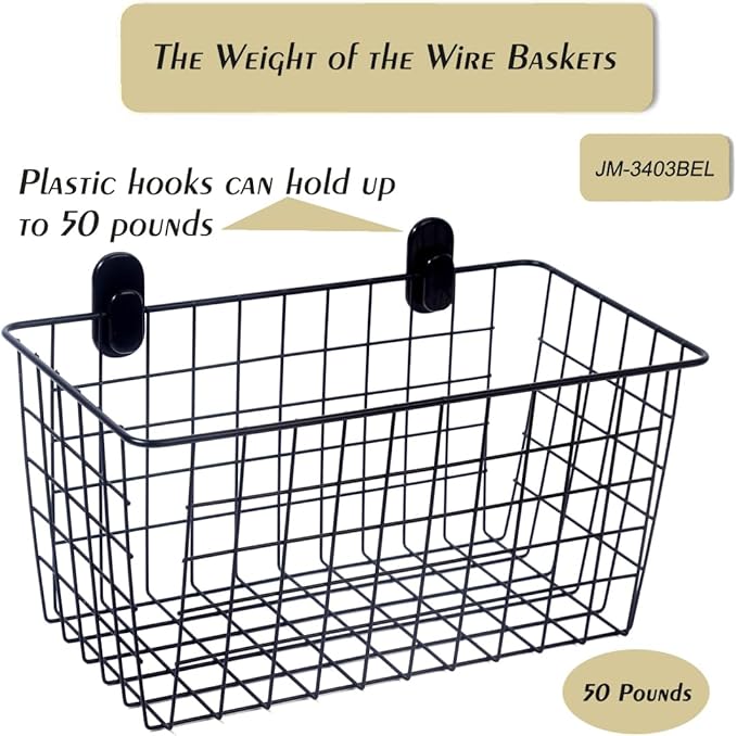 4 Pack【Extra Large】Hanging Kitchen Basket,Wire Storage Basket,with Traceless Tape and 3M High-Strength Plastic Hooks,no Drilling,for Cabinet Storage,Kitchen,Bathroom,Storage Room,large capacity