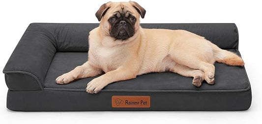 Orthopedic Memory Foam Dog Bed, Removable Washable Microsuede Cover, TPU Waterproof Liner, Nonskid Bottom, for Indoor, Outdoor, Crate ＆ Car Use, 35x23x6 Inches, Dark Grey