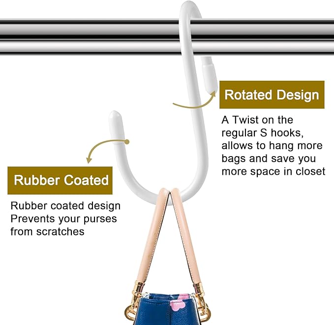 HiGift 16 Pack Bag Hooks for Closet, Unique Twist Design White Vinyl Coated Purse Hanger Organizer Hooks, Large Closet Hooks Purse Organizer Holder for Hanging Purses,Handbag,Belt,Hat,Backpack,Jeans