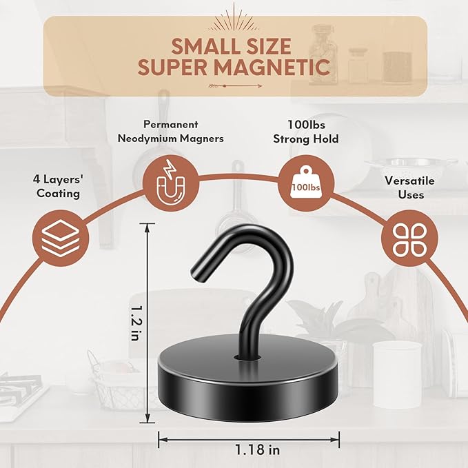 Neosmuk Magnetic Hooks Heavy Duty,100lb Super Strong Magnet with Hooks for Cruise Cabins, Large Metal Hooks for Hanging on Fridge,Extra Strong Magnet Hanger for Ship Walls, Matte Black 6 Pack