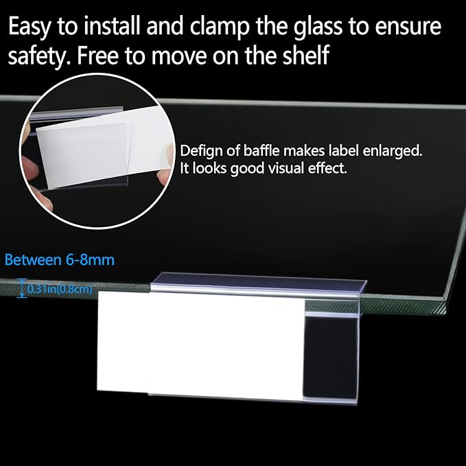 Glass Shelf Label Holders 50 pcs with Inserts Fits 1/4" to 3/8" Glass Shelving (Pack of 2)