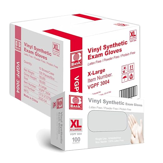Basic Medical Clear Vinyl Exam Gloves - Latex-Free & Powder-Free - VGPF-3004 (Case of 1,000), Xtra Large