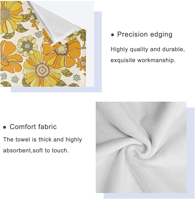 3 Piece Retro 70s Floral Bath Towel Set,Microfiber Decorative Vintage Hippie Orange Groovy Daisy Flower Bathroom Towels,1 Bath Towel 1 Hand Towel for Bathroom Kitchen,1 Washcloth for Face