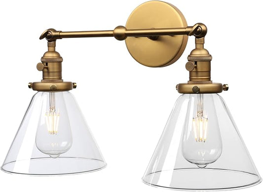 PERMO Double Sconce Vintage Industrial Gold 2-Lights Wall Sconces with Funnel Flared Glass Clear Glass Shade Antique Scocne for Bathroom Living Room Home Office