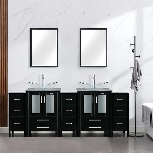 eclife 84" Modern Bathroom Vanity Sink Combo Freestanding Cabinet with Small Side Cabinet, Clear Boat Glass Vessel Sink, Water Save Faucet, Drain (Black+A29TT)