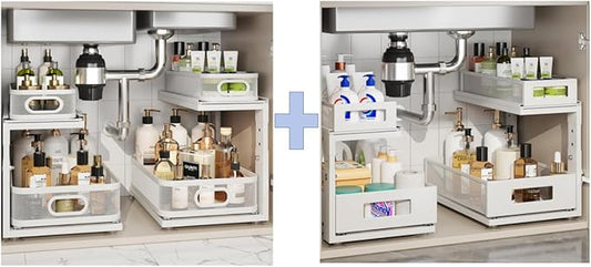 4 Pack Under Sink Organizer With Next-Gen Ball-Bearing Slides,2-Tier Precision Mesh Pull Out Cabinet Drawers Storage for Bathroom&Kitchen,Height Adjustable Shelf,Rust-resistant-White