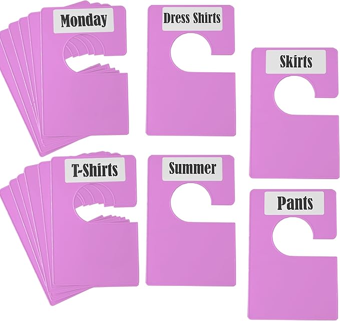 16 Pack White Clothing Rack Size Dividers Plus 45 Labels (1 Inch) and 18 Large Blank Labels, Large Rectangular Clothing Closet Dividers (Purple)