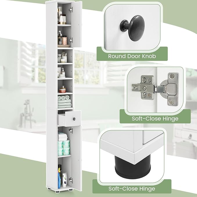 SIMOE Tall Bathroom Storage Cabinet, 32.5lbs Heavy-Duty 8" Slim Narrow Floor Cabinet with 5 Adjustable Shelves & Drawer, 71" Freestanding Skinny Linen Tower for Small Spaces, Moisture-Proof, White