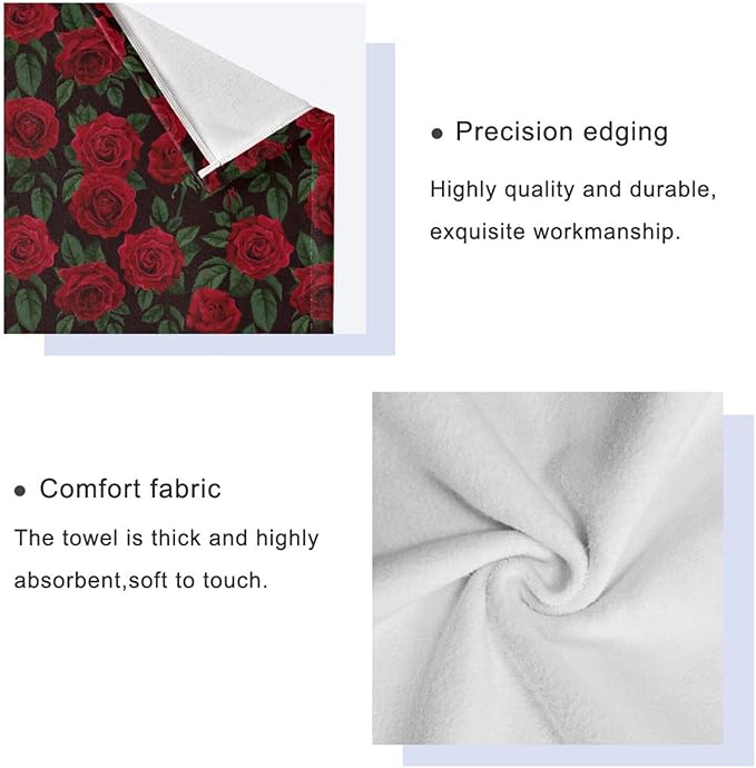3 Piece Red Rose Floral Bath Towel Set,Microfiber Absorbent Decorative Vintage Flower Green Leaves Black Bathroom Towels,1 Bath Towel 1 Hand Towel for Bathroom Kitchen,1 Washcloth for Body Face